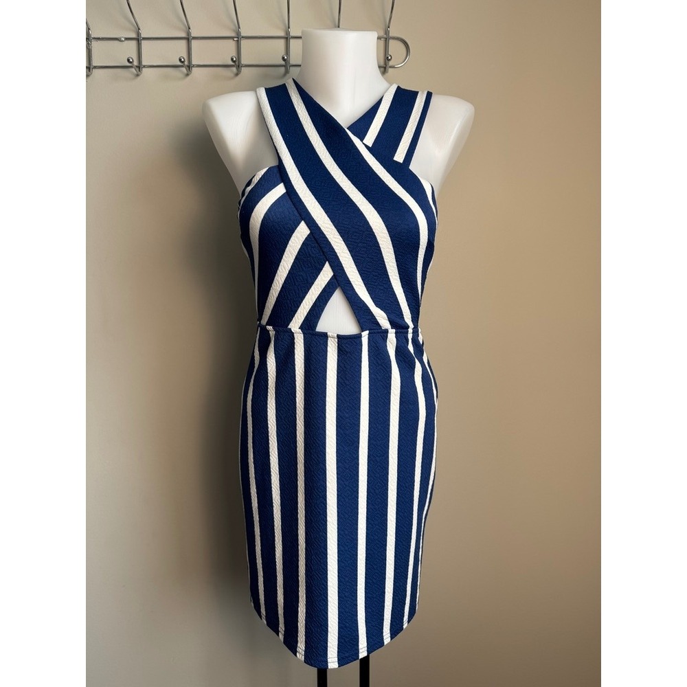 Razzle Dazzle‎ Blue White Striped Criss Cross Cutout Bodycon Dress Medium Resort